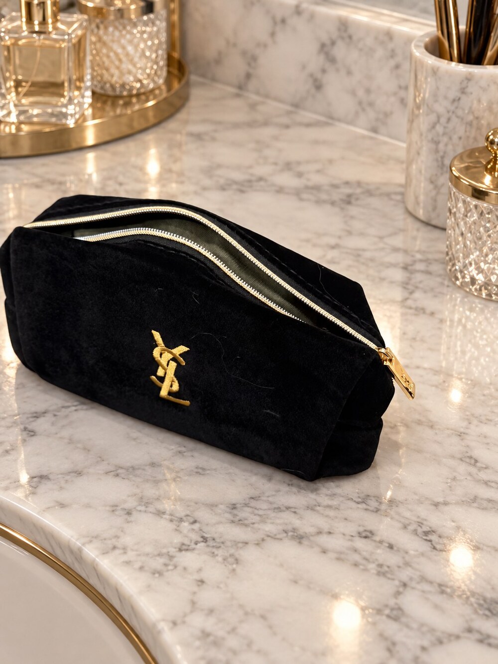 Yves Saint Laurent Black Velvet Makeup Bag | Gold-Tone YSL Logo - Picture 6 of 6
